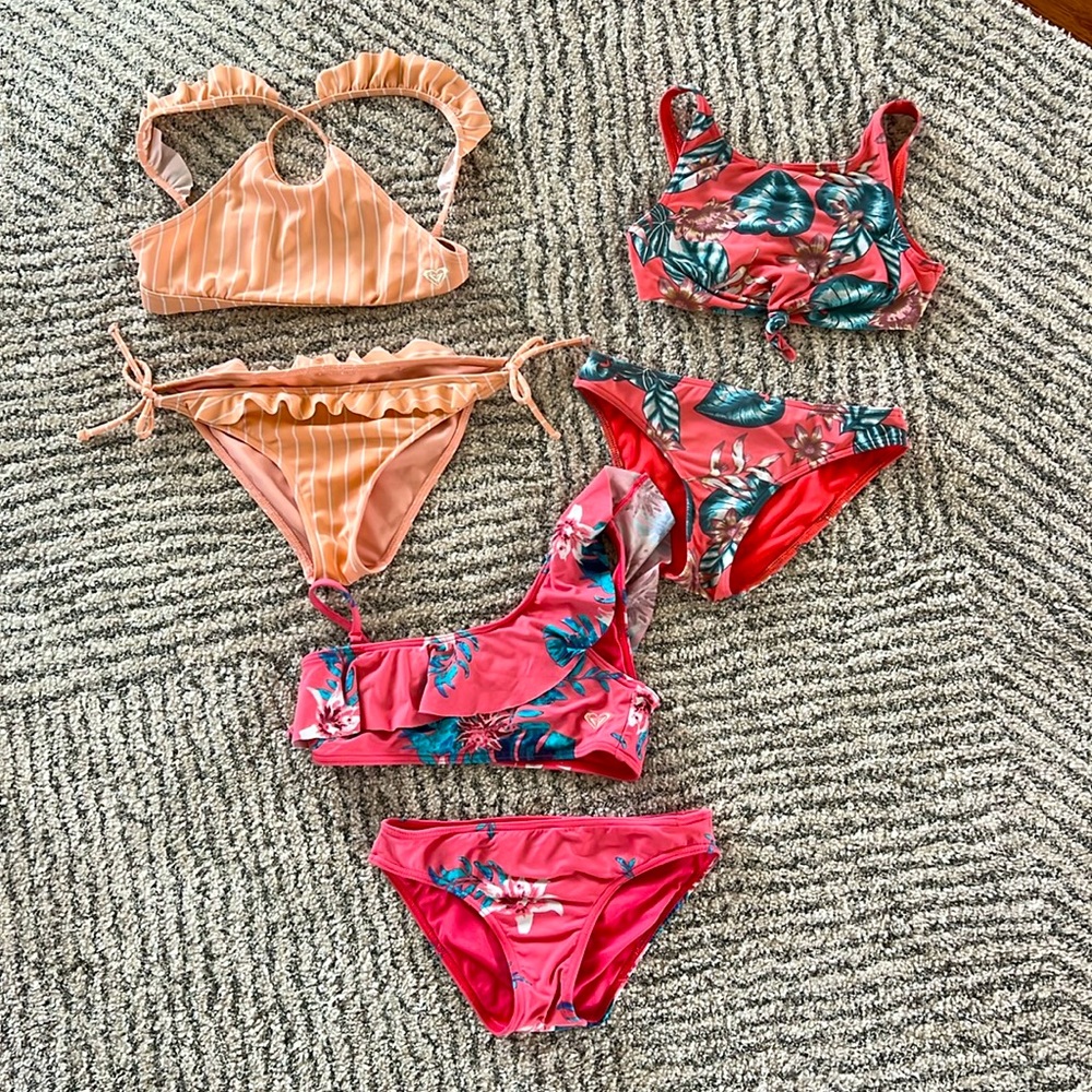 Girls size 8 bikini bundle- two Roxy brand and one Billabong